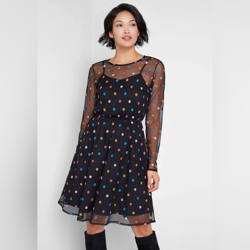 ModCloth Dazzle Do It Dotted Confetti Black Mesh Long Sleeve Dress Size Small S